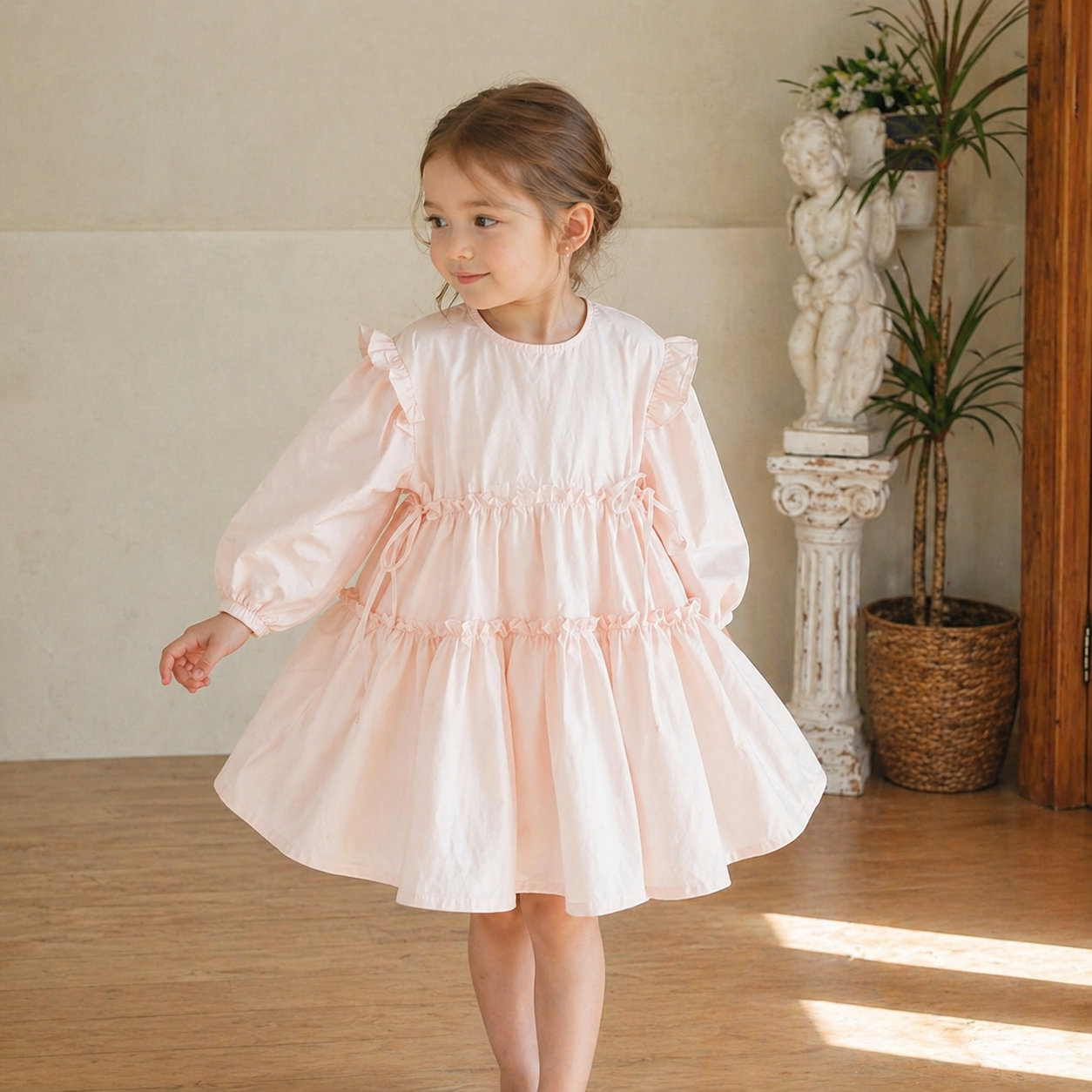 Eclair Eva Tiered Puff Sleeve Dress in Pink | cotton girls dress | Victoria Kids Wear