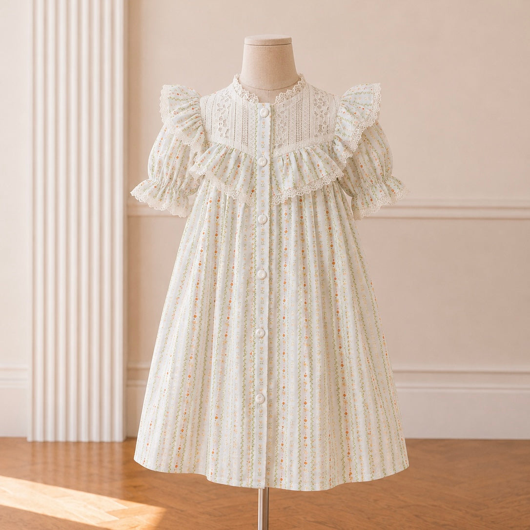Green Floral Pattern Button A-Line Dress