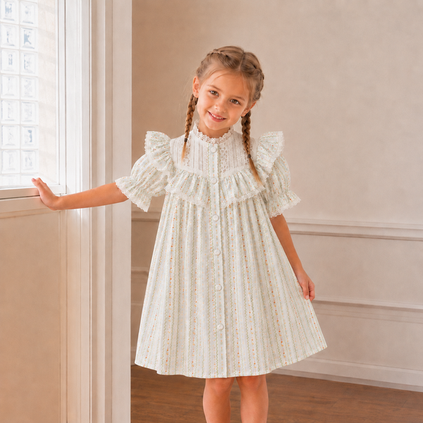 Green Floral Pattern Button A-Line Dress
