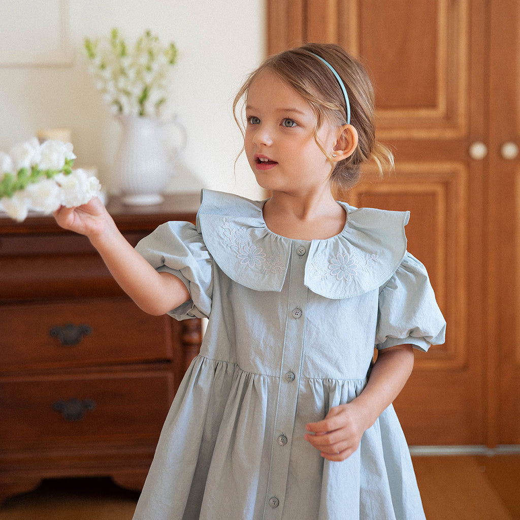 NOU NOU Flower Jeanne Pleated Midi Dress in Blue | cotton girls dress | Victoria Kids Wear