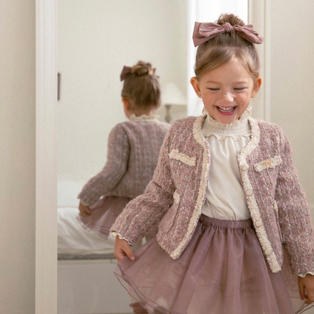 NOU NOU The classic tweed little lady jacket in Pink | wool-poly blend girls top | Victoria Kids Wear