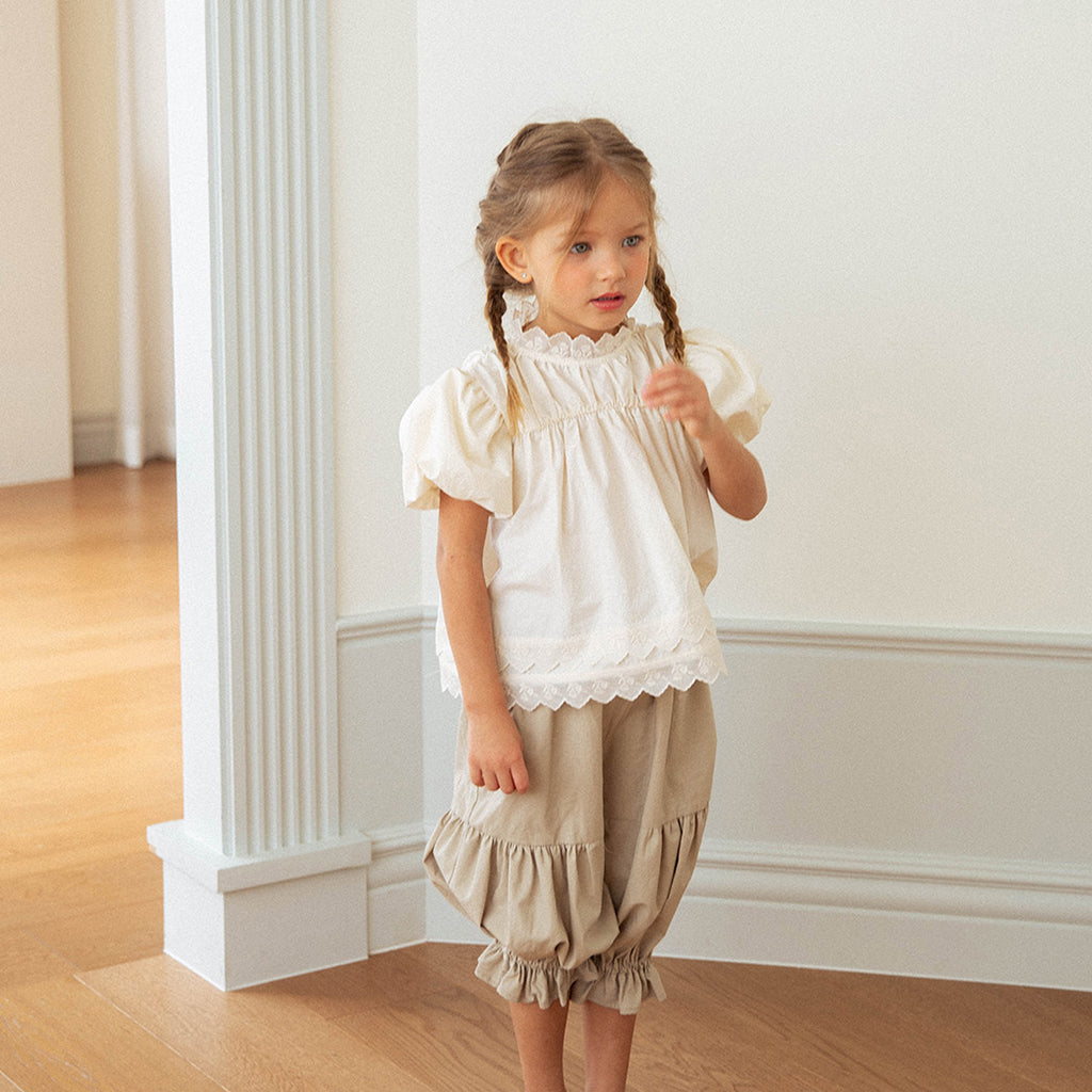 NOU NOU Judy Wide-Leg Cotton Pants in Khaki Beige | cotton girls bottom | Victoria Kids Wear