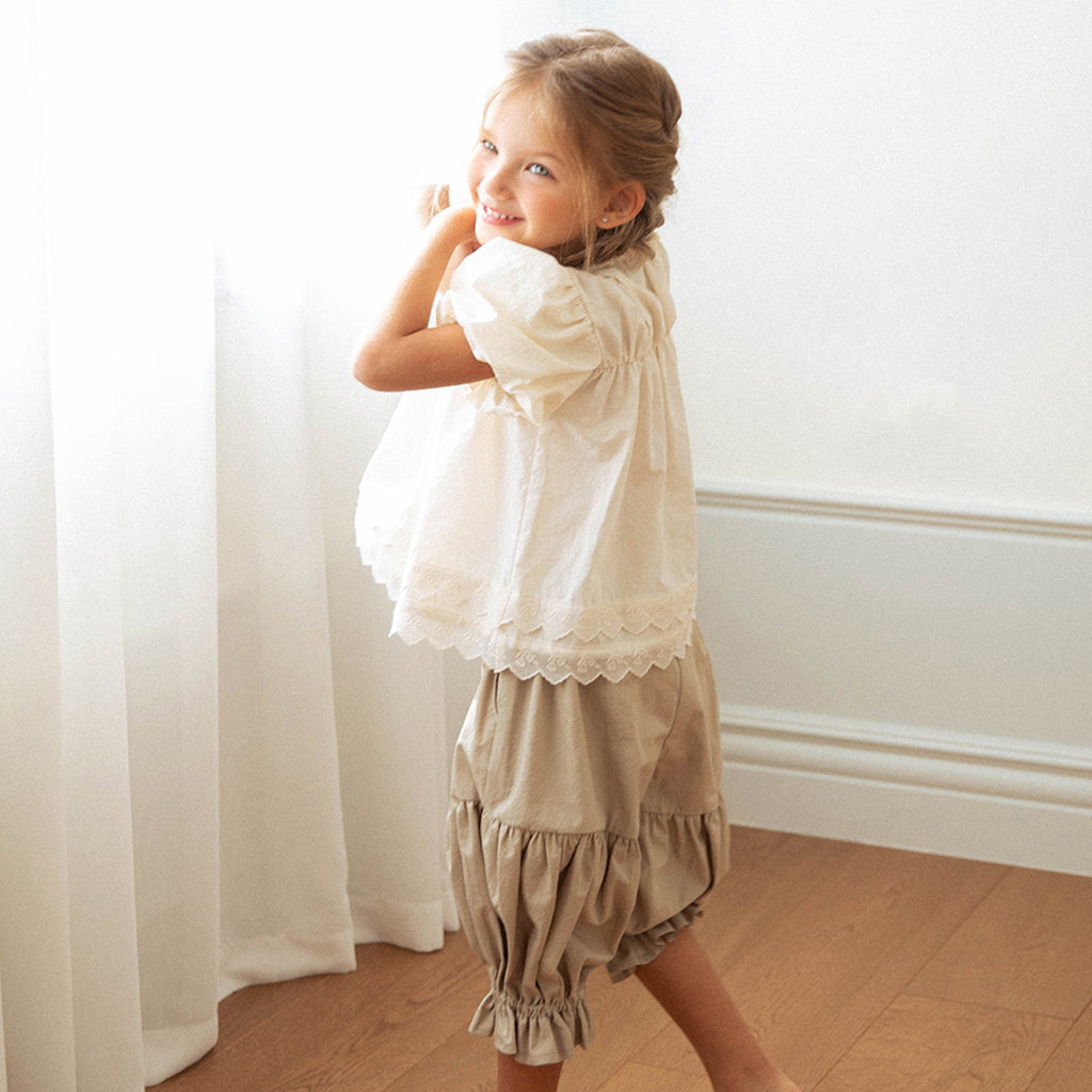 NOU NOU Mignon Puff Sleeve Lace Blouse Natural – girls top close-up detail