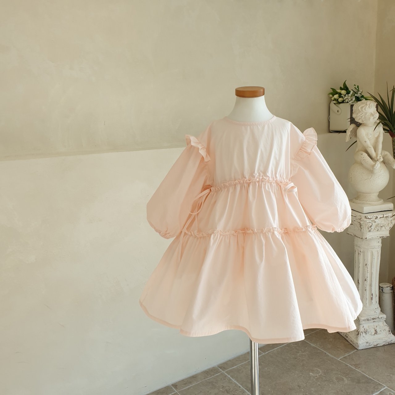 Eclair Eva Tiered Puff Sleeve Dress in Pink | cotton girls dress | Victoria Kids Wear
