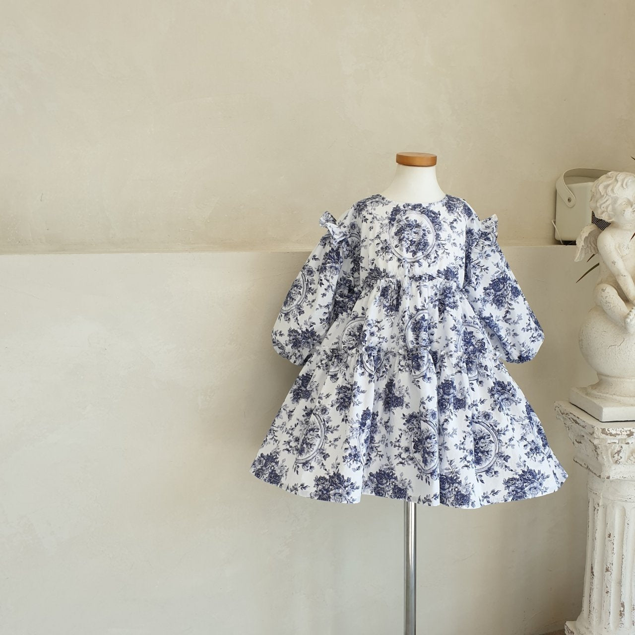 Eclair Eva Tiered Puff Sleeve Dress in Blue | cotton girls dress | Victoria Kids Wear