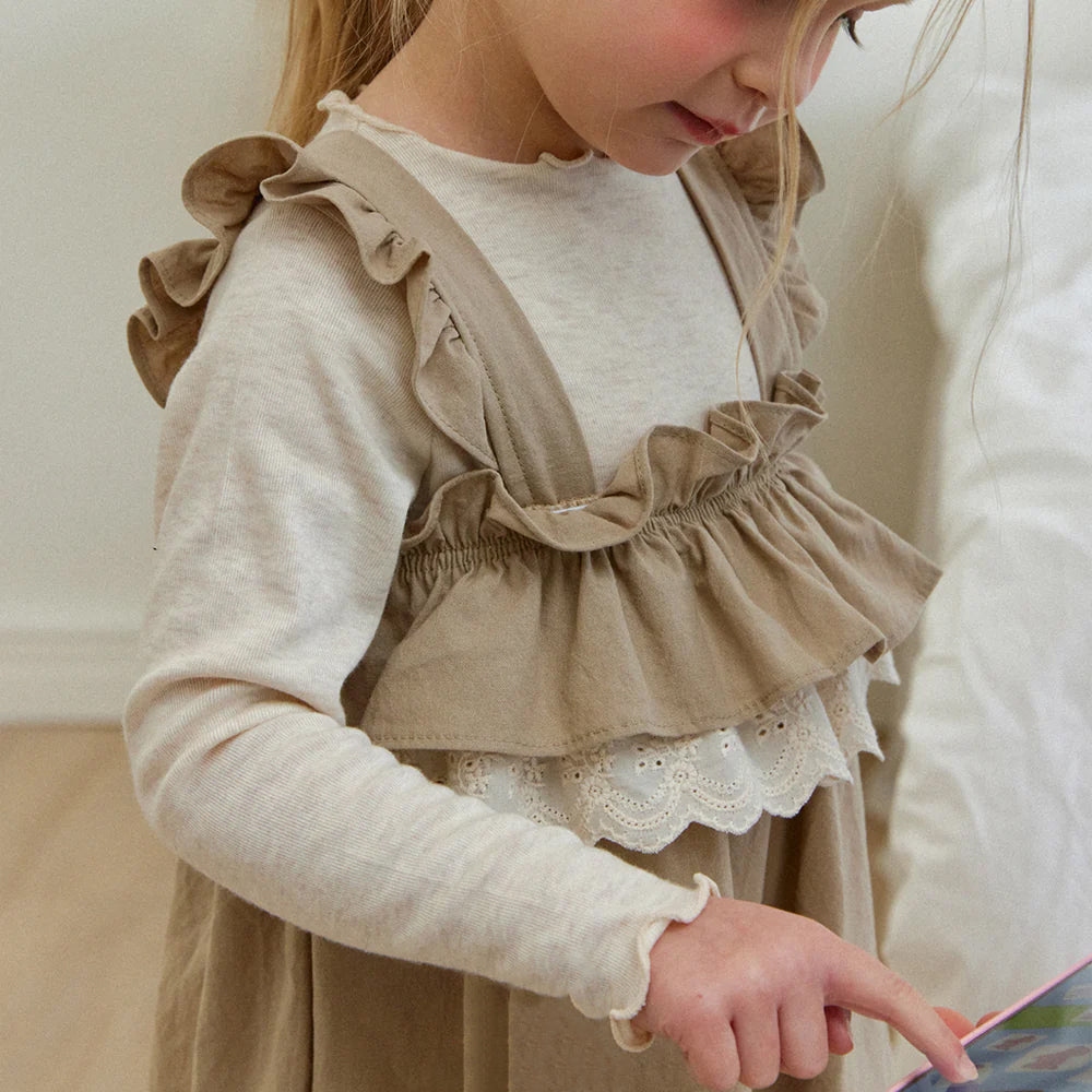 ROA Lace Frill Overalls Brown – girls dress alternate view