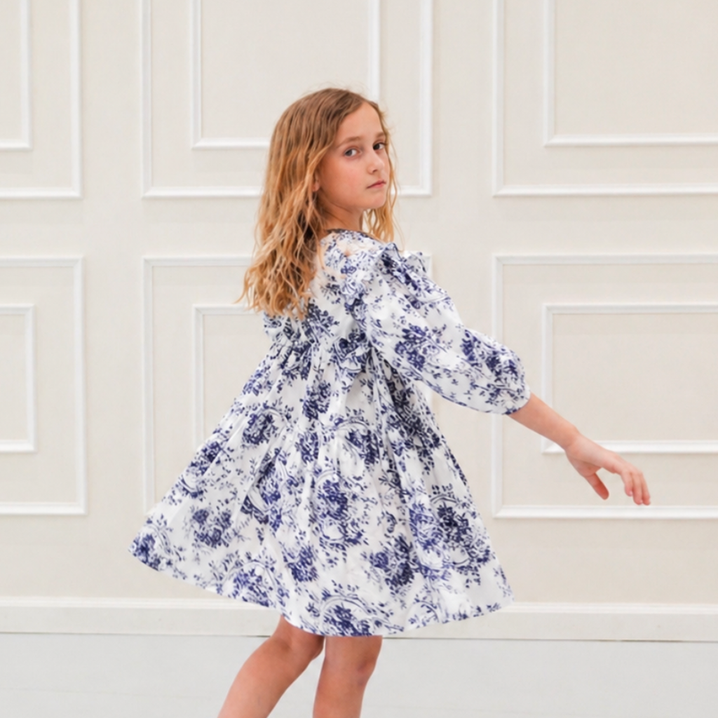 Eclair Eva Tiered Puff Sleeve Dress in Blue | cotton girls dress | Victoria Kids Wear