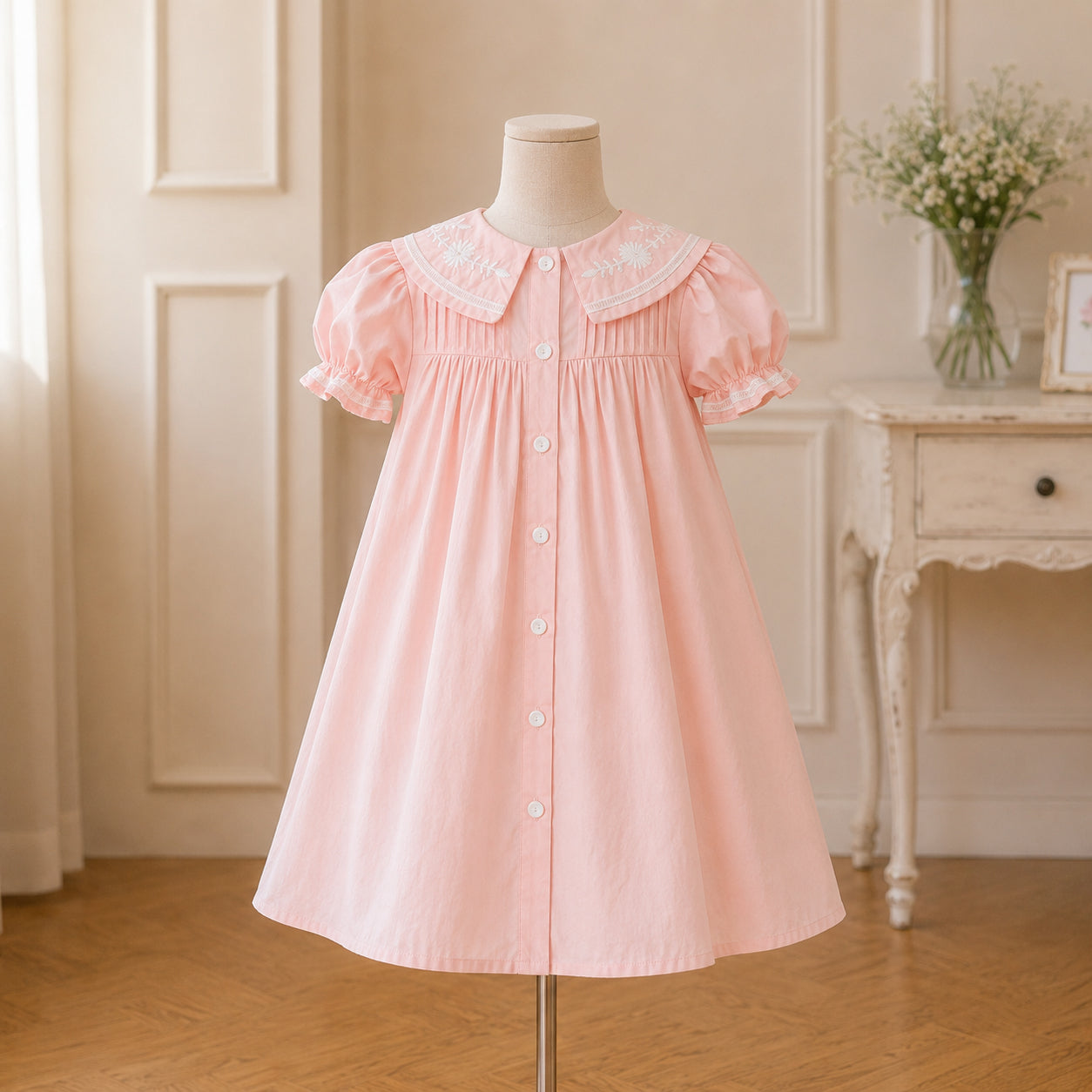 Pintuck Embroidered Collar Puff Dress