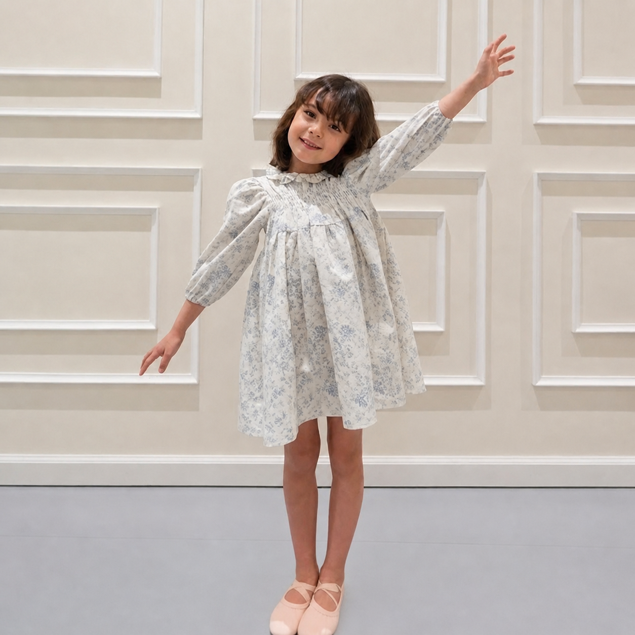 Eclair Hailey Toile De Jouy Print Dress in Blue | cotton girls dress | Victoria Kids Wear