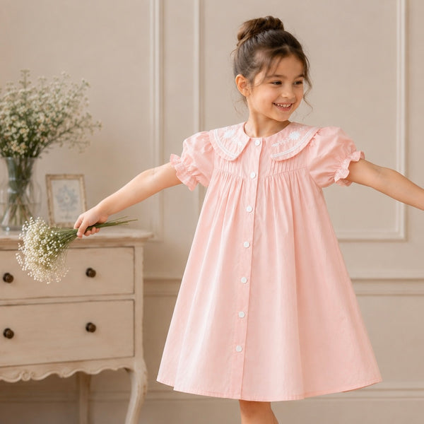 Pintuck Embroidered Collar Puff Dress