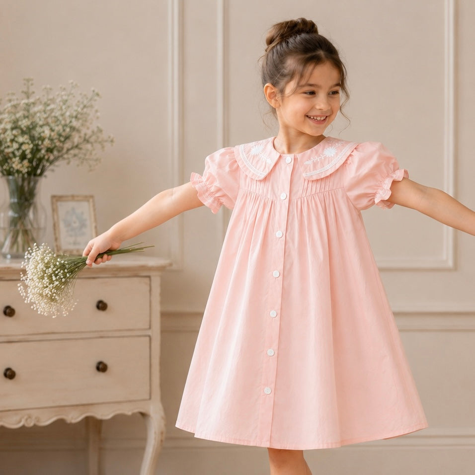 Pintuck Embroidered Collar Puff Dress