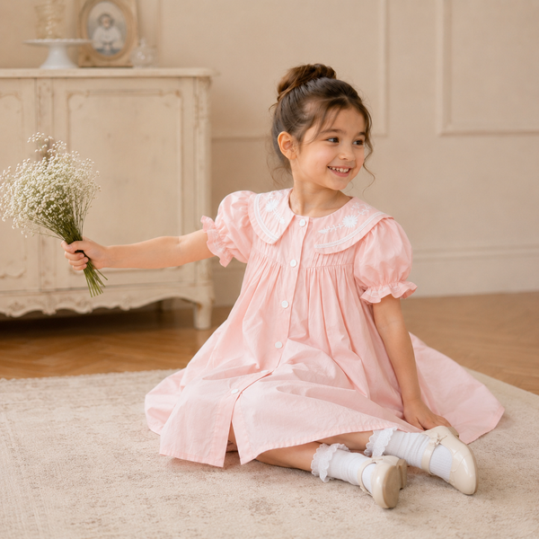 Pintuck Embroidered Collar Puff Dress