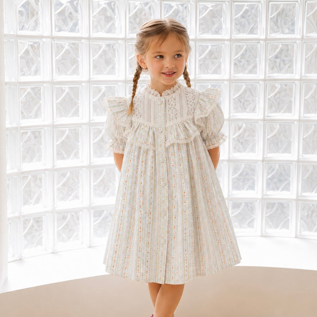 Green Floral Pattern Button A-Line Dress