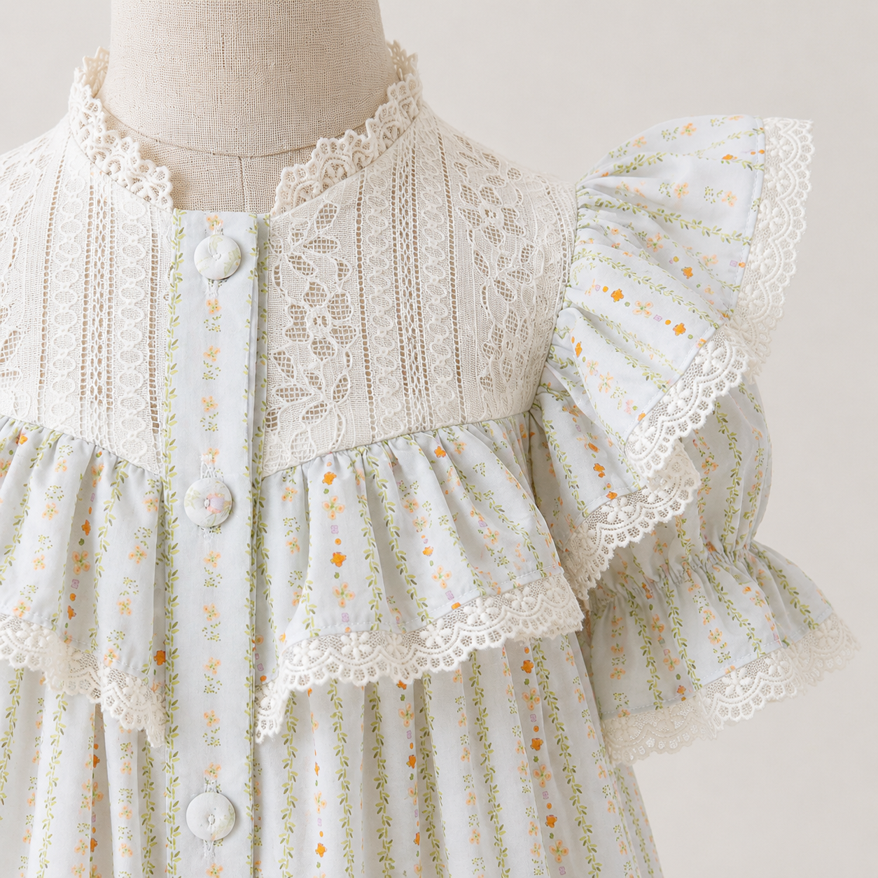 Green Floral Pattern Button A-Line Dress