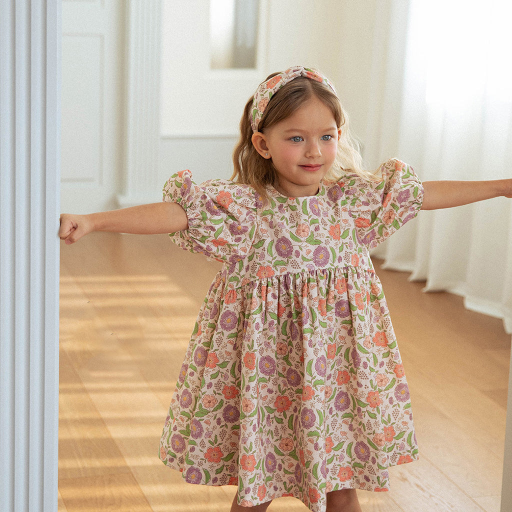 NOU NOU Freesia Floral A-Line Dress Pink – girls dress close-up detail