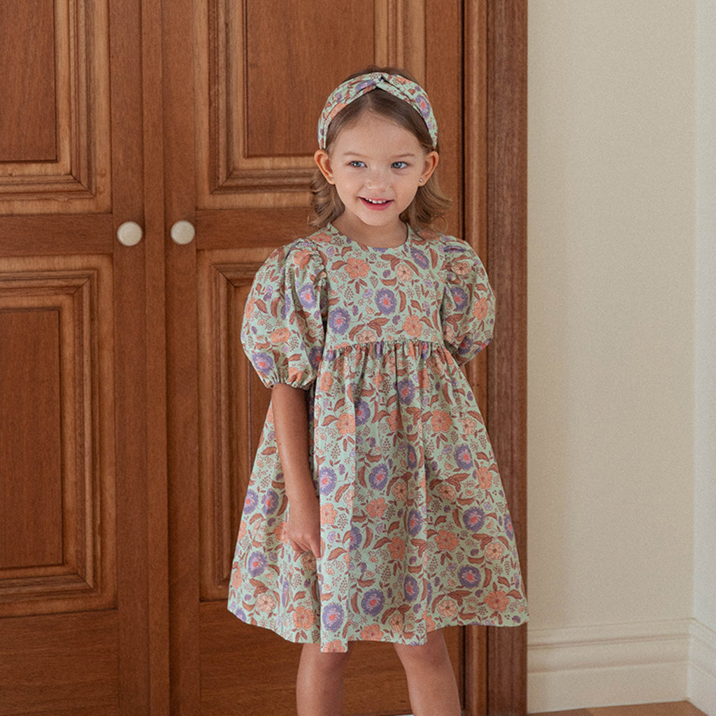 NOU NOU Freesia Floral A-Line Dress in Mint | cotton girls dress | Victoria Kids Wear