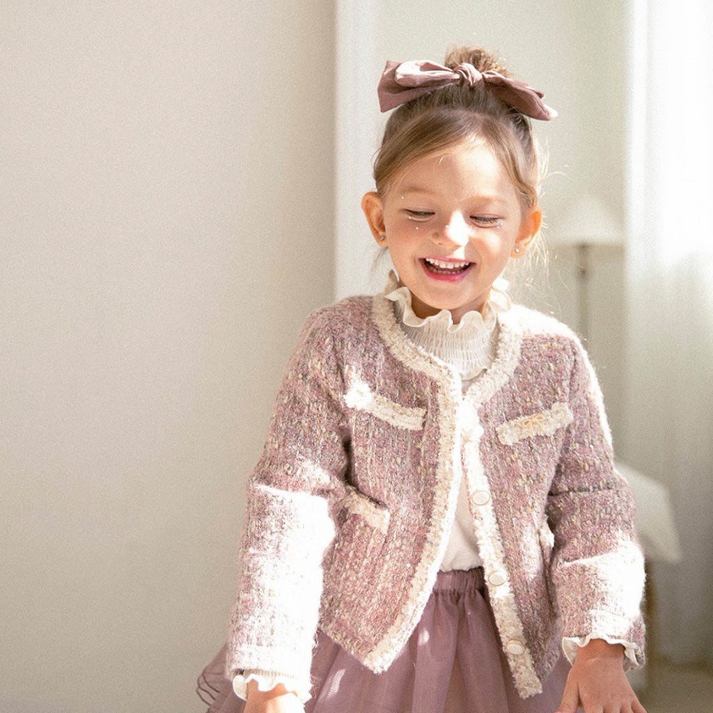 Child wearing NOU NOU The classic tweed little lady jacket in Pink