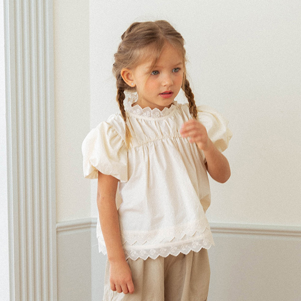 NOU NOU Mignon Puff Sleeve Lace Blouse in Natural | cotton girls top | Victoria Kids Wear
