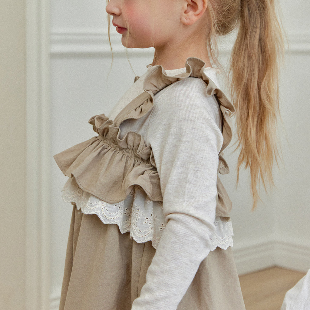 Child wearing ROA Lace Frill Overalls in Brown